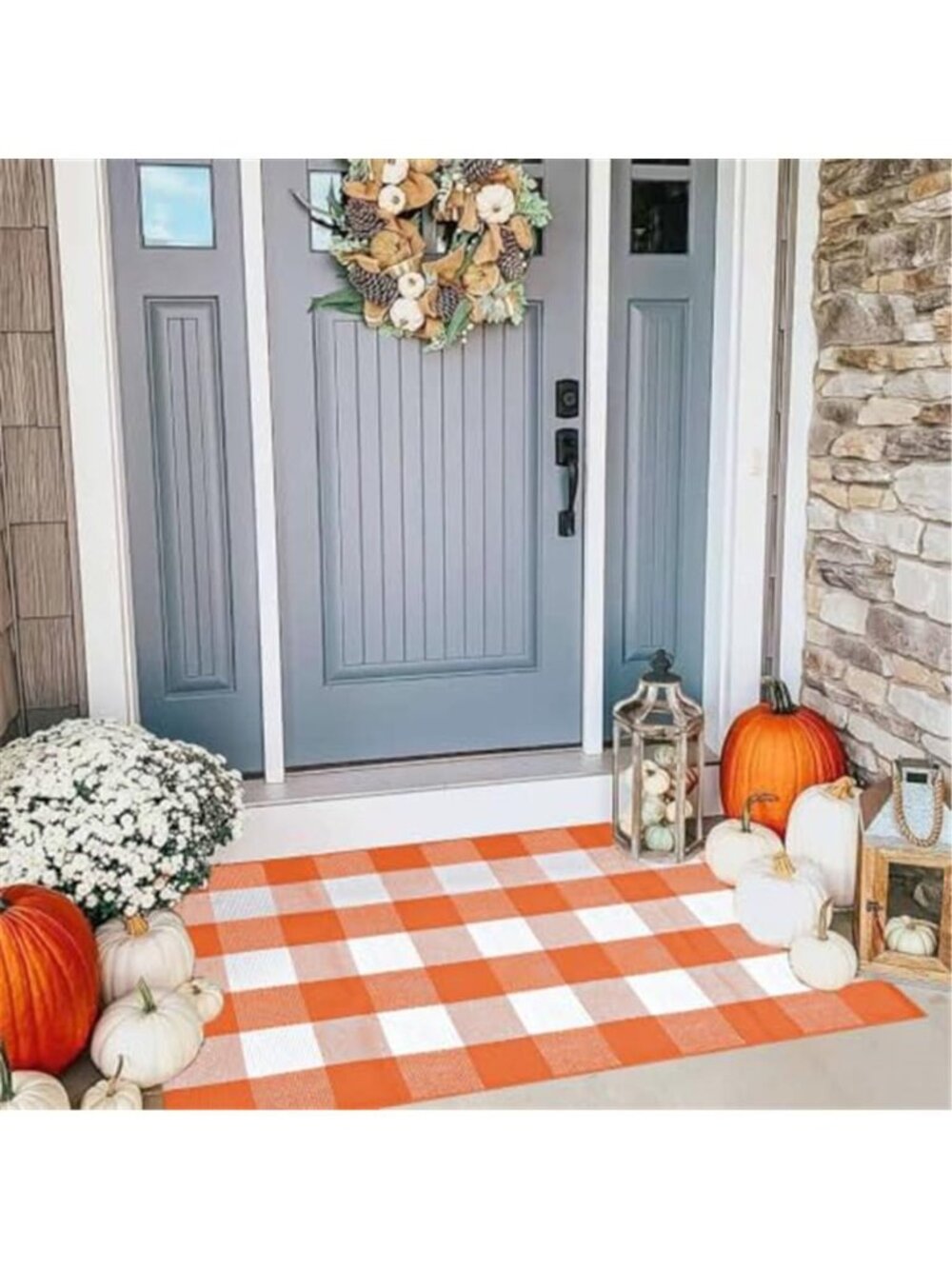 Plaid Rug 28 x 43 Inches Fall Outdoor Front Door Decor Mat Cotton
